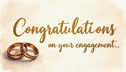 Two gold rings rest on a cream background with golden cursive text saying Congratulations on your engagement. This watercolor style illustration conveys joy and celebration for a special occasion.
