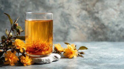 Refreshing glass of jasmine tea with yellow blossoms on stone surface.