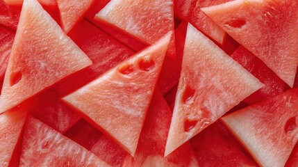 Freshly cut watermelon slices in a vibrant red and pink display.