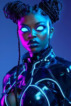 Futuristic Portrait of a Cybernetic Woman with Bantu Knots and Glowing Cyan Eyes
