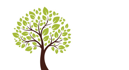 Obraz premium Beautiful illustration of a tall brown tree with a full canopy of vibrant green leaves positioned on the left of a white background.