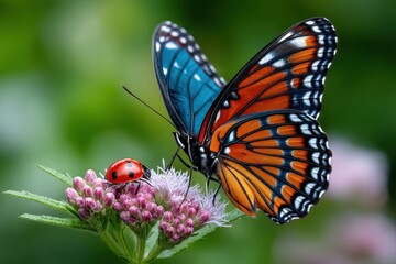 Fototapeta premium Vibrant Butterfly and Ladybug on Pink Flower