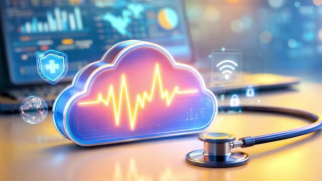 Digital healthcare cloud with heart rate monitoring and medical data connectivity showing modern remote health management technology