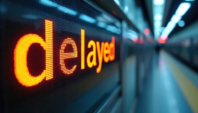 Subway station digital screen shows word delayed in orange LED lights. Passengers wait on platform with blurred background lights, journey problems occur.