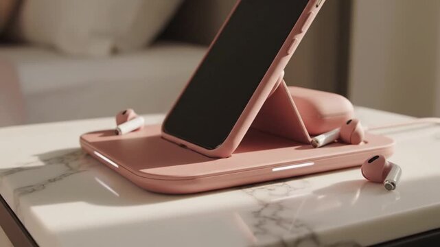 Pink Wireless Charger for Phone and Earbuds with Smartphone Propped Up