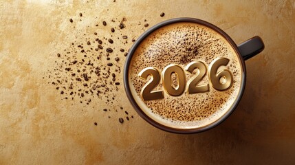A steaming cup of coffee with the year 2026 crafted in golden foam, surrounded by coffee grounds