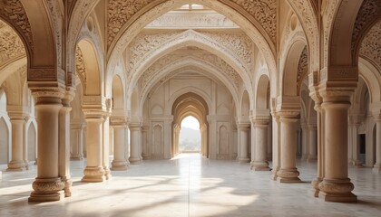 Fototapeta premium Architectural interior with arched doorways and carved details. The building features pillars and a marble floor. Light streams in through the arches creating shadows.