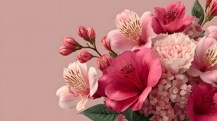 Pink and white floral bouquet on pastel background