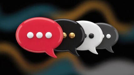 A vibrant arrangement of glossy speech bubbles in red black white and gray floating against a blurred abstract background