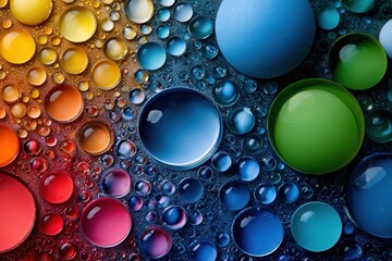 Colorful spheres and droplets create a vibrant abstract design on a textured surface