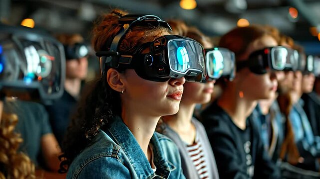 People in VR headsets. A group of people sit side by side wearing virtual reality headsets.