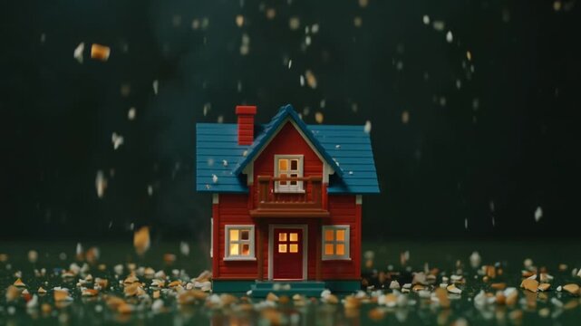 Miniature toy house exploding from within, pieces flying slow motion, engulfed stylized flames, sparks glowing debris, dark background, cinematic high-speed dramatic lighting, abstract hazard art, 4K