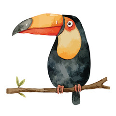 Obraz premium Cute Watercolor Toucan Perched on Branch Illustration.