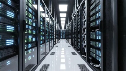 A server room features racks of servers in a long bright corridor with white cables and a glossy floor - Powered by Adobe
