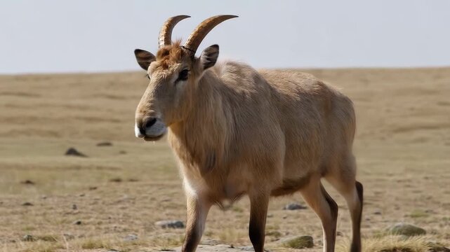 Saiga antelope standing alone in open steppe landscape under daylight