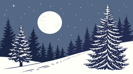 Naklejka premium Winter Night Landscape with SnowCovered Trees and Full Moon.