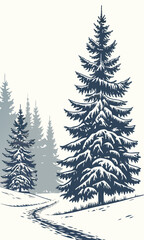 Obraz premium Winter Pine Trees in Snowy Landscape Illustration.