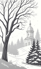 Fototapeta premium Winter Scene with Church and Bare Tree Illustration.