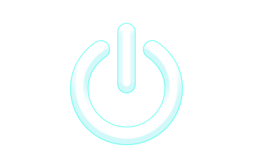Glowing light blue neon power button icon isolated on a transparent background