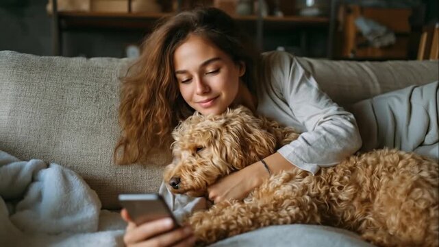 Woman on couch hugging brown poodle dog and looking at smartphone. Concept of pet ownership, cozy home lifestyle and digital connection. Girl choose doggy products food to order with cell phone.