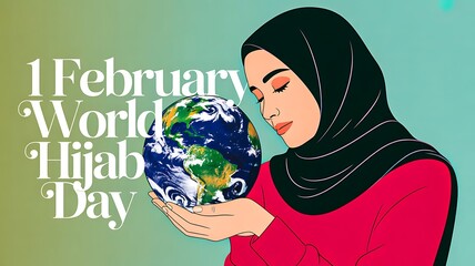 Fototapeta premium World hijab day illustration of muslim woman holding earth globe 