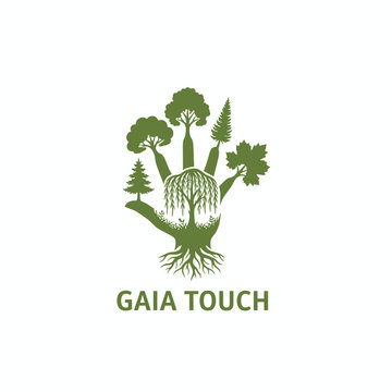 Hand silhouette with various trees and roots icon for environmental conservation or reforestation project brand identity named GAIA TOUCH.