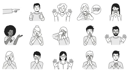 Fototapeta premium Collection of diverse people expressing various emotions and gestures, including pointing, approval, stopping, and distress.