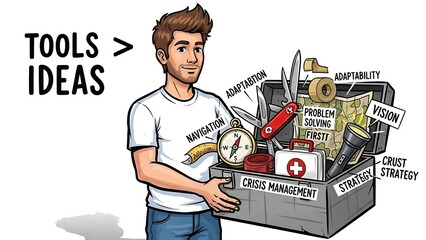 Man with toolbox for problem solving and crisis management