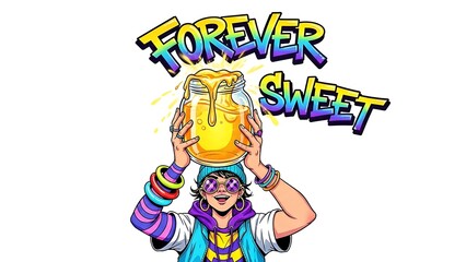 Vibrant cartoon character holding jar of honey with Forever Sweet text