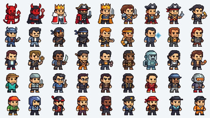 A large collection of pixel art characters, including fantasy creatures, historical figures, and modern archetypes, suitable for video games. © Selena