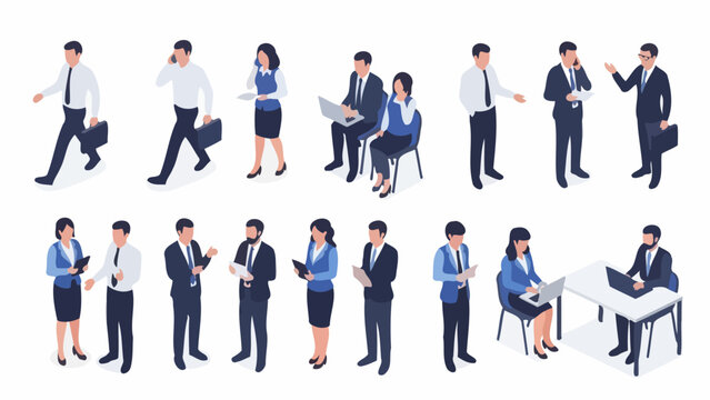 A diverse collection of isometric business people in various professional poses and attire, representing a modern workplace environment.