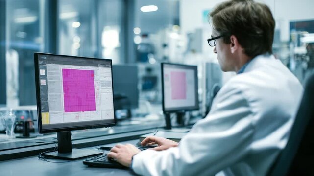 A scientist in a modern laboratory analyzes complex data visualizations on a computer monitor. Advanced technology and digital research tools enhance scientific innovation and discovery
