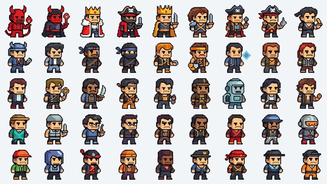 A large collection of pixel art characters, including fantasy creatures, historical figures, and modern archetypes, suitable for video games.