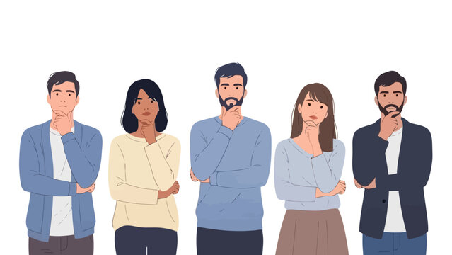 A diverse group of five people standing with thoughtful expressions and hands on their chins, appearing to be in deep contemplation.