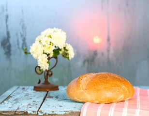 Rustic Loaf of Bread on Wooden Table with Fogged Window