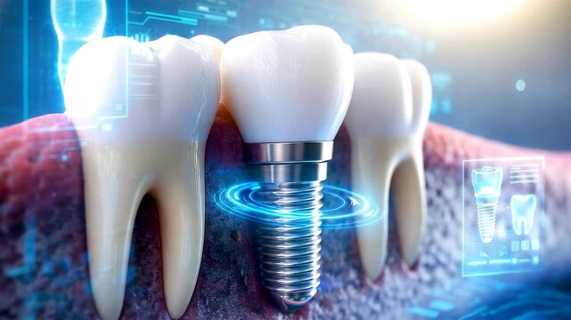 Dental implant procedure showing titanium screw placed into jawbone with digital medical interface illustrating modern oral surgery