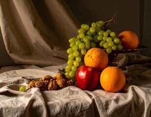 Rustic Still Life Arrangement of Fresh Fruits and Nuts on Wooden Table