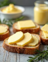Bread slices with butter on wooden surface. Fresh toast with butter for breakfast. Jar and bowl with butter on background. Gourmet food photography. Homemade bakery products presented.