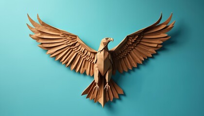 Paper art eagle with spread wings on turquoise background. Origami bird design. Craft artwork of animal figure symbolizes freedom, creativity. Paper folding hobby represents creation, handicraft.