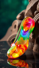 A woman relaxes on a summer beach vacation, her feet in pink flip-flops resting on the sand near colorful plastic cups and vibrant glass balls by the sea water