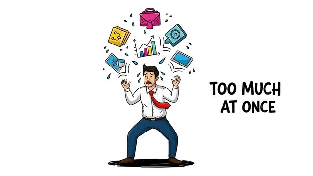 Overwhelmed businessman juggling multiple tasks and stress