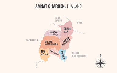 A map showing Amnat Charoen Thailand divided into districts in a minimalist colorful style