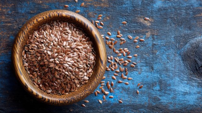 Brown flaxseeds in wooden bowl on rustic blue wooden surface.