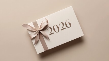 Elegant gift box with a ribbon displaying the year 2026, set against a soft, neutral background