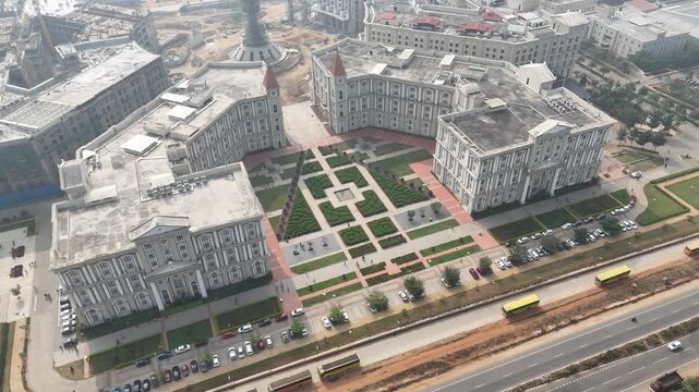 Drone shot Modern University Campus in South India &ndash; Large Educational Institution with Academic Buildings, Green Open Spaces, Student Infrastructure, and Contemporary Campus Architecture in Karnataka