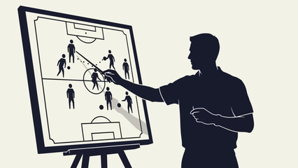Tactical Blueprint: A coach elucidates strategic game plans on a whiteboard, surrounded by the silhouette of players, illustrating the intricacies of teamwork and competition.
