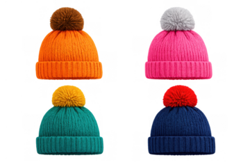 Colorful knit pompom beanies collection in orange, pink, teal, and navy, offering warmth and style