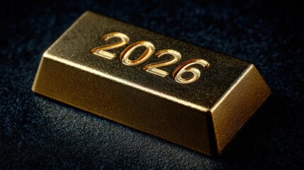 A close-up view of a gold bar engraved with the year 2026, set against a dark textured background