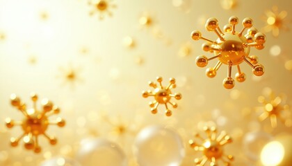 Golden virus cells floating in space. Abstract 3d render of corona virus concept. Medical science background with golden objects. Backdrop for health, disease, tech or finance.