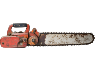 Old rusty chainsaw isolated on transparent background, perfect for danger, tool, forestry, and industrial themed design concepts.